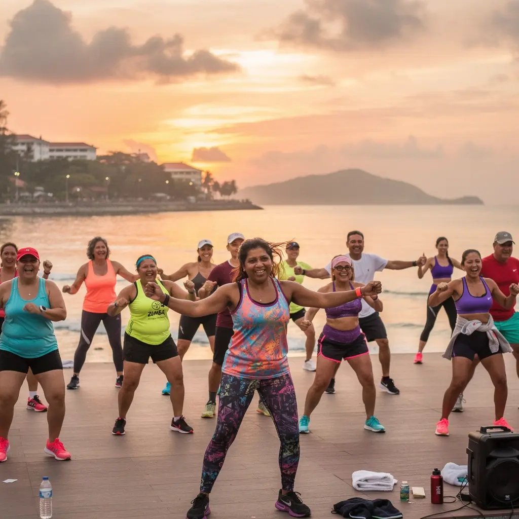 A wellness workshop taking place outdoors, with participants listening to an instructor about healthy habits.